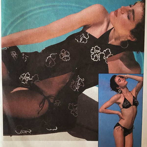 McCalls 8060 Pattern UNCUT 1980s Vintage Make It Tonight String Bikini Bra Style Top Low Waist Bottoms and Front Wrap Cover Up - Size 14