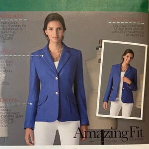 May include: Simplicity sewing pattern featuring a blue blazer. The pattern includes views A, B, and C, with sizes H5 6, 8, 10, 12, and 14. The Amazing Fit Collection pattern includes instructions for a tailored jacket.