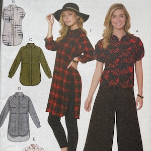 May include: McCall's sewing pattern M7472. The pattern features illustrations of various shirt and top designs, including a long-sleeved olive green shirt, a red and black plaid tunic, and a floral print shirt. The pattern size is A5 (6-8-10-12-14).