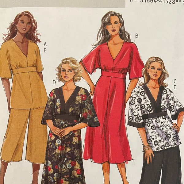 Butterick B5002 5002 Pattern UNCUT 2000s Easy Empire Waisted Shaped Midriff V Neck Blouse or Dress Elbow Sleeve Culottes Size 18 20 22 24 VA