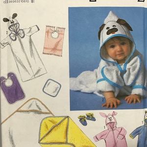 Simplicity 9944 Pattern UNCUT 1990s Vintage Baby&#39;s Jumpsuit Bunting Hood Bunny Bear Ears Face Washcloth Bib Booties Size NB 3 6 9 12 mos