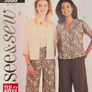 May include: A sewing pattern for two outfits. The first outfit is a brown and white patterned top with a brown cardigan and brown and white patterned pants. The second outfit is a brown and white patterned top with brown pants. The pattern is from the brand "see&sew" and the pattern number is 3886.