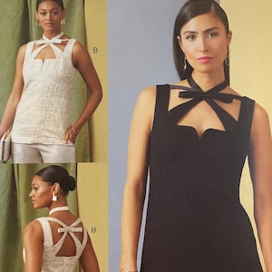 May include: Vogue Patterns sewing pattern V1922. The pattern features a sleeveless top with a unique neckline and bow detail. The image shows the top in both white and black. The pattern size is A5 (6-8-10-12-14).