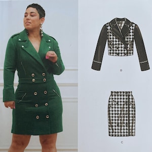 May include: Simplicity sewing pattern S9638 featuring a green dress and a houndstooth jacket and skirt. The pattern includes sizes U.S. 16-24. The brand is "mig" and the pattern is designed and printed in the USA.