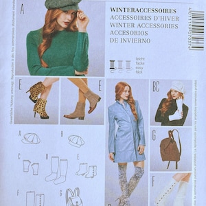 May include: A Burda Style 7037 sewing pattern envelope for winter accessories. The front displays illustrations and photographs of hats, gloves, boots, and a backpack. Text includes 'WINTERACCESSOIRES', 'WINTER ACCESSORIES', and 'ALL PATTERNS WITH SEAM AND HEM ALLOWANCES'.