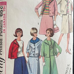 May include: Vintage Simplicity sewing pattern number 5880 for a women's dress and jacket. The pattern is for sizes 16 and bust 36. The pattern shows four different styles of dresses and jackets, including a pink skirt and jacket, a blue and white striped dress and jacket, a green skirt and jacket, and a red jacket with a blue skirt.