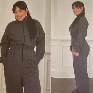 May include: Simplicity sewing pattern S3011 featuring a gray jumpsuit. The pattern includes sizes U.S. 10-18, Euro 36-44, and French 38-46. The image shows a woman wearing the jumpsuit. The pattern is designed and printed in the USA.