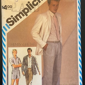 May include: Simplicity sewing pattern number 5866 for a blazer, pants, and short-sleeved shirt. The pattern is for men's sizes 40 to 44. The pattern cover features a model wearing a white blazer, light gray pants, and a pink shirt. The pattern is printed on a white background with blue and white stripes.