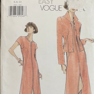 May include: A sewing pattern for a dress with a zip down the front. The pattern is for sizes 6-8-10 and is from Vogue. The pattern is labelled "Very Easy".