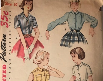 Simplicity 4419 Pattern CUT Complete 1950s Girl's Button Front Blouse and Blouse Slip with Peter Pan Collar Size 10 Breast 28"