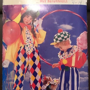 May include: A sewing pattern for a child's clown costume. The pattern includes instructions for making a red and yellow clown shirt with a white collar, a pair of red, yellow, blue, and white checkered pants, and a red and white polka dot hat. The pattern also includes instructions for making a clown costume for a dog.