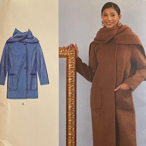 May include: Simplicity sewing pattern R12177. The pattern includes a coat with a hood and pockets. The size range is U.S. 6-14. The coat is shown in a brown color with black pants. The pattern also shows a blue coat.