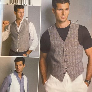 May include: Vogue Patterns sewing pattern for vests. The pattern features images of men wearing vests in different styles. The pattern number is V8987, and the size range is 34-40 inches.