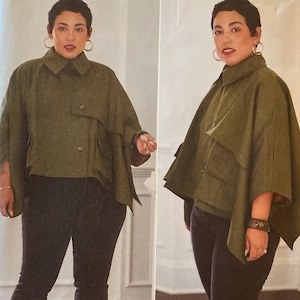 May include: Simplicity sewing pattern featuring a woman wearing a green cape and dark pants. The pattern includes sizes XS-XXL. The brand is "mig" and the pattern is designed by celebrity Mimi G.