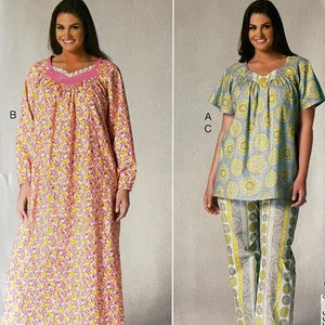 May include: Sewing pattern for a women's sleepwear set. The pattern includes a long-sleeved nightgown with a floral print and a short-sleeved top and pants set with a yellow and blue floral print. The pattern is for sizes 1X-2X-3X-4X. The pattern is from Kwik Sew and designed by Kerstin Martensson.