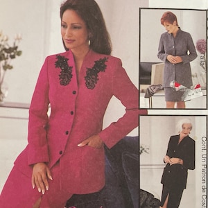 May include: McCall's sewing pattern featuring a magenta suit with black lace detailing. The pattern includes images of the finished garments and the text "FIT FOR REAL PEOPLE". Size 24.