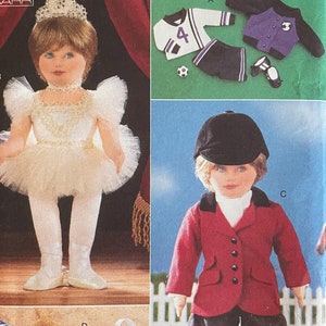 May include: A sewing pattern for making doll clothes. The pattern includes instructions for making a ballerina outfit, a football uniform, a riding outfit, and a hooded jacket. The pattern is designed by Linda Carr and is for one size.