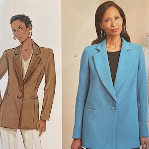 May include: A Butterick sewing pattern featuring illustrations of women's blazers. The pattern includes a brown blazer and a blue blazer. The pattern number is B6960, and the size range is Y5 (18-20-22-24-26).