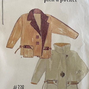 May include: Sewing pattern for two jackets with pockets, one in brown and one in green, with the text "pick a pocket" and "#338" on the pattern.