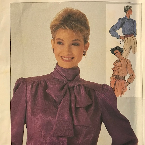 Simplicity 7173 Pattern UNCUT Button Up Blouse Collar with Ascot Bow Tie & Long Gathered Sleeves French Cuff Option - Size 8