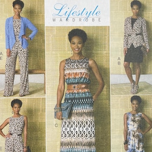May include: A Butterick sewing pattern titled B6330, featuring a Lifestyle Wardrobe. The pattern includes various garment designs, such as jumpsuits, dresses, and jackets. The cover showcases multiple outfit options with different patterns and styles.