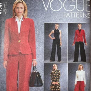 May include: Vogue Patterns sewing pattern showing a woman in a red suit and white shirt. The pattern includes options for a jumpsuit, a floral dress, and a white top with red trousers. Designed and printed in the USA.