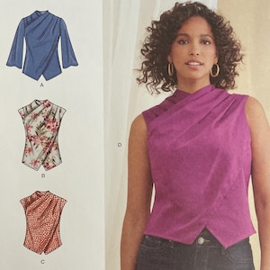 May include: Simplicity sewing pattern S9783, featuring a woman wearing a magenta wrap top. The pattern includes illustrations of various wrap top designs. The size range is U.S. 16-24, Euro 42-50, and French 44-52.