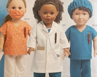 Simplicity S9367 9367 Pattern UNCUT 18" Tall Doll Clothing Essential Worker Wardrobe Lab Coat Scrubs Surgical Cap Mask Doctor Nurse Tech