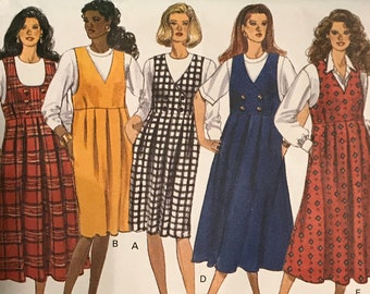 Butterick 6359 Pattern CUT Complete 1990s Vintage Classics Raised Waist Jumper Dress with Straight or Flared SKirt Knee Midi SIze 6 8 10 12