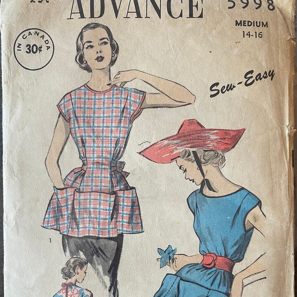Advance 5998 Pattern CUT Complete 1950s Vintage Sew Easy Back Closure Cobbler Style Apron Below Hip Length Pockets Poncho Size Medium
