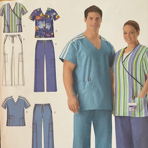 May include: A sewing pattern for scrubs, featuring a blue and white striped top, a blue top with white stripes, a blue top with a colourful print, and blue trousers with pockets. The pattern is labelled "Simplicity easy-to-sew" and "4101".