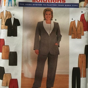 May include: A sewing pattern for a women's suit with a jacket and pants. The pattern is from Simplicity and is part of their Full Figure Solutions line. The pattern includes instructions for making a jacket, pants, and a skirt. The pattern is for sizes 26W-32W.