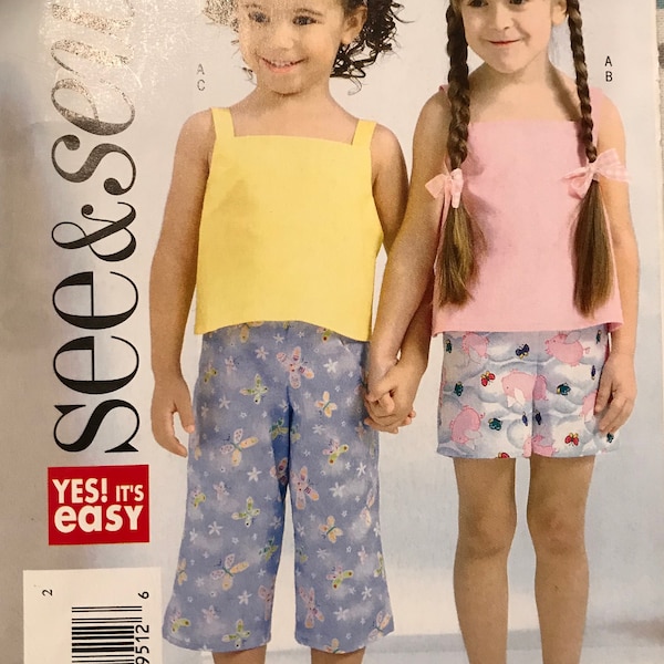 See & Sew B4491 4491 Easy to Sew Little Girl's Square Neck Sleeveless Top and Pull On Shorts or Cropped Pants Size 6 7 8