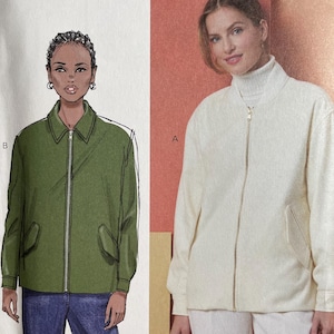 May include: A Butterick sewing pattern, B7008, showing illustrations of two jacket designs. One is a green jacket with a zip and pockets, the other is a cream-coloured jacket with a zip and a turtleneck. The pattern size is H5 (6-8-10-12-14).