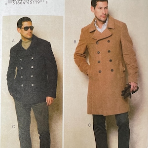May include: Vogue Patterns sewing pattern featuring two double-breasted coats. One coat is black, the other is tan. The pattern includes sizes 34-36-38-40. The Vogue Patterns logo is at the top right.