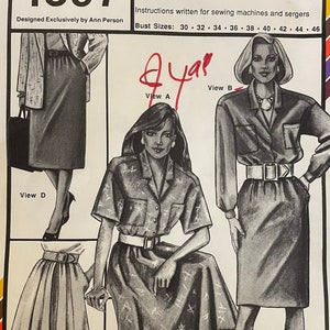 May include: A vintage sewing pattern for shirtdresses and skirts, featuring illustrations of various styles. The pattern, labeled 1597, includes bust sizes from 30 to 46 inches. Designed by Ann Person, the pattern's suggested retail price is $4.25.