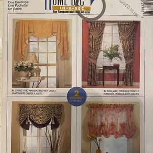 May include: McCall's Home Dec In-A-Sec sewing pattern number 2788 for window treatments. The pattern includes four different designs: swag and handkerchief jabot, swagged triangle panels, tassel tie-up topper, and sheer balloon valance. The pattern is for individual home use only.