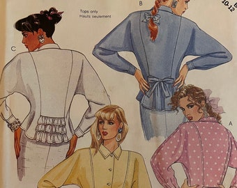 McCalls 3471 Pattern UNCUT 1980s Vintage Button Front Skirt Low Armholes Dolman Tapered Sleeve Ruffled Bck Trim Martingale Belt Size 8 10 12