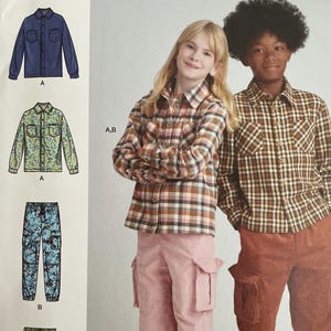 May include: Simplicity sewing pattern S9864 for children's clothing. The pattern includes diagrams for shirts and cargo trousers. The image shows two children wearing the clothing. The pattern is designed and printed in the USA.