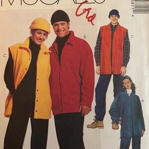 May include: A sewing pattern for a vest and trousers. The pattern is for a youth size and includes instructions for making a red vest, a yellow vest, a blue jacket, and a pair of blue trousers. The pattern is from McCall's and is labelled "Polar Gear".