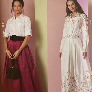 May include: Vogue Patterns sewing pattern R12075 featuring two women's outfits. One outfit includes a white shirt, a burgundy skirt, and a black belt. The other outfit is a white floral dress. The pattern size is 85 (8-10-12-14-16).