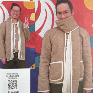 May include: A sewing pattern package with a model wearing a quilted jacket and scarf. The package has the text "knowME" and "SIZE AA (34-36-38-40-42)". It also includes a QR code for a video tutorial and the text "Designed and printed in USA".