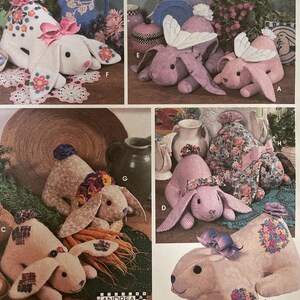 May include: Simplicity Crafts sewing pattern featuring various stuffed bunny designs. The pattern includes bunnies with floral accents, bows, and butterfly wings. The pattern is labeled "7012" and "ONE SIZE".
