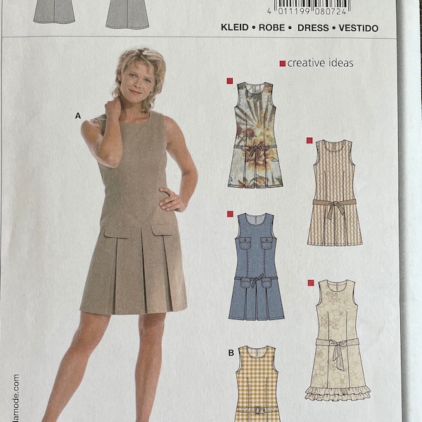 Burda 8072 UNCUT Knee Length Dress Sleeveless Jumper Pleated Box Ruffles Edge Self Belt Pockets Darts Longline Size 8 10 12 14 16 18 VA