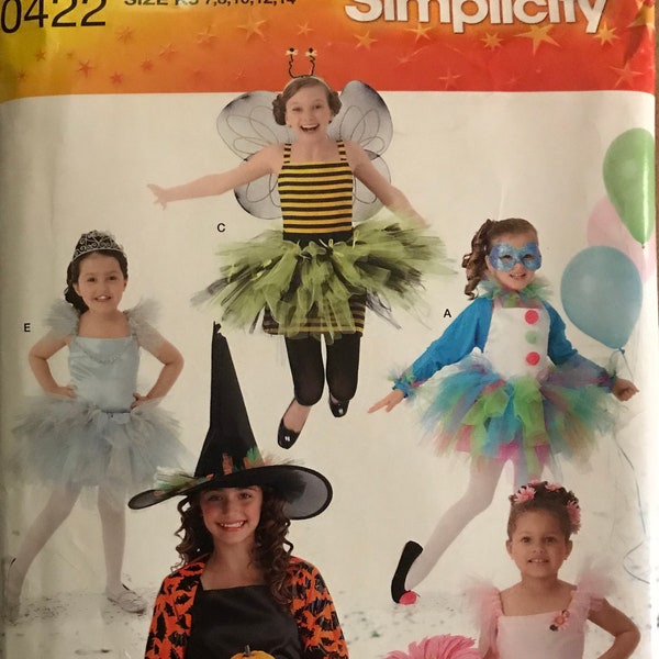 Simplicity 0422 2071 Pattern Uncut Girl's Tutu Tulle Costume Clown Princess Witch Fairy Bumble Bee Ballerina Size 7 8 10 12 14 or 3 4 5 6