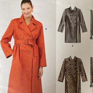 May include: A New Look sewing pattern featuring a double-breasted coat with a belt. The pattern includes sizes XS-XXL. The image shows a woman wearing the coat in a rust color. Additional coat designs are shown in the pattern.