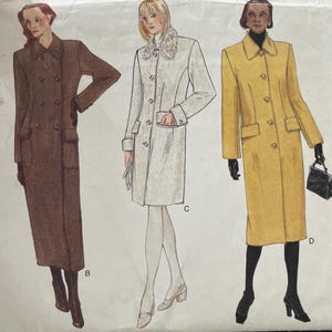 May include: A Vogue basic design sewing pattern envelope featuring illustrations of four different coat styles. The designs include a long brown coat, a white coat with a fur collar, a yellow mid-length coat, and a red coat paired with matching trousers.