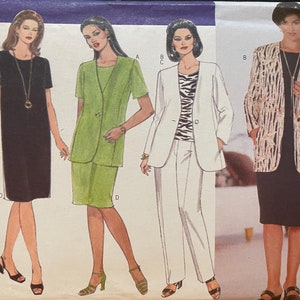 May include: A sewing pattern for three different outfits. The first outfit is a black dress with short sleeves. The second outfit is a green jacket and skirt set with short sleeves. The third outfit is a white blazer with a zebra print top and white pants. The pattern is for sizes 16W-18W-20W.