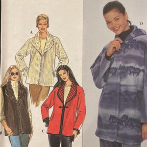 May include: Simplicity sewing pattern #882 for sizes XS, S, and M. The pattern includes instructions for making four different jackets: a white jacket with a faux fur collar, a red jacket with a black trim and a toggle closure, a brown vest with a faux fur collar, and a blue jacket with a horse print.