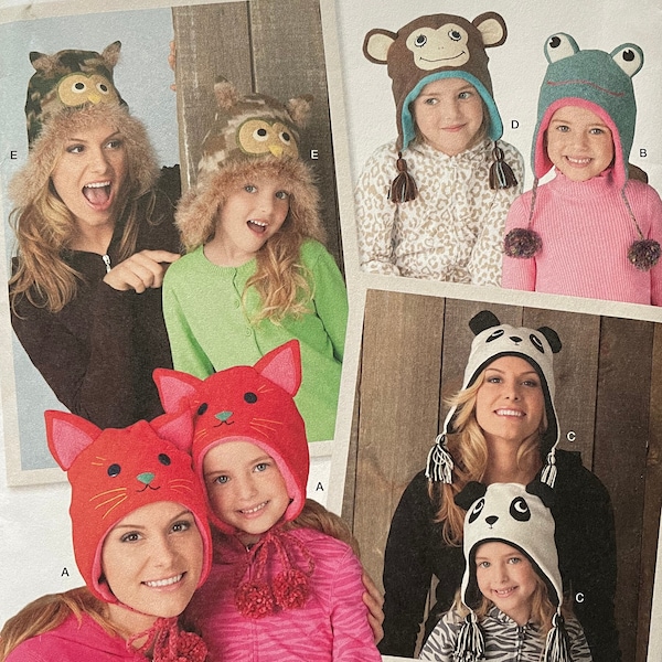 Simplicity 1953 Pattern - Adult and Child Animal Hat Collection with Owl, Cat, Panda Bear, Frog and Monkey - Size S M L UNCUT